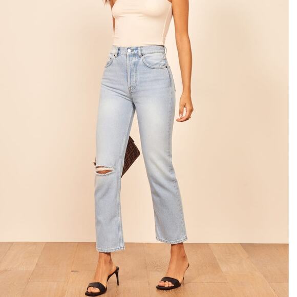 Reformation Cynthia High Rise Straight Cropped Jeans Tahoe Destroyed - Picture 8 of 8